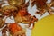 Soft shell crabs and yellow cornmeal mush, close up