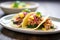 soft shell tacos with pulled pork, pineapple, and red onion, side view
