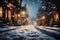 Soft snowfall blankets a tranquil street, gentle flakes descending gracefully