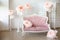 Soft sofa with pretty pink fabric upholstery