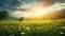 Soft sunlight shining over green meadow created with Generative AI. Cloudy sky.