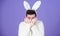 Soft and tender. Guy with long bunny or rabbit ears on violet background. Enjoy tenderness. Cute bunny. Man handsome
