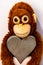 A soft toy monkey hangs on a wooden heart close up