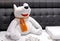 Soft toy polar bear with an orange scarf