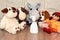 Soft toys dogs, donkeys, dolls are seated for play, liquid soap for the prevention of diseases