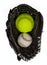 Softball and baseball in a glove