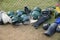 Softball equipment protective helmet and catcher`s knee guarda