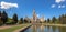 Soften edge sunny view of Moscow university under blue cloudy sky in summer