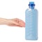 Softener conditioner in blue plastic bottle in hand isolated on white background
