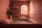 Softly lit spa in warm pink tones. Spa relaxation - burned candle floating in rose water.