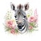 Softspoken Watercolor Baby Zebra Amidst Grasslands with Wild Roses on White Background AI Generated