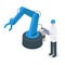 Software programmer controlling robotic factory crane. Programmed industrial machinery, assembly line technology