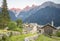 The Soglio village and Piz Badile, Pizzo Cengalo, and Sciora peaks in the Bregaglia range - Switzerland in the sunset light