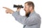 Soilid bearded man in shirt with binoculars