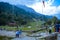 SOLANG VALLEY, MANALI, HIMACHAL PRADESH, India OCTOBER 26 2017: Tourists walking around on ski ground at Paragliding site.