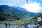 SOLANG VALLEY, MANALI, HIMACHAL PRADESH, India OCTOBER 26 2017: Tourists walking around on ski ground at Paragliding site.