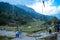 SOLANG VALLEY, MANALI, HIMACHAL PRADESH, India OCTOBER 26 2017: Tourists walking around on ski ground at Paragliding site.