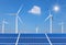 solar cells and wind turbines generating electricity in power station alternative renewable energy from nature
