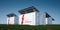 Solar container unit. 3d rendering concept of a white industrial battery energy storage container with mounted black solar panels