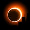 A solar eclipse over the city. The crown of the sun is visible around the moon. Orange on black.