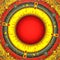 Solar eclipse symmetrical pattern background with dots and splashes. Red, grey and yellow colors