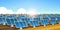 Solar energy panel fields renewable station alternative electricity source concept photovoltaic district sunrise