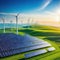 Solar energy panel photovoltaic cell and wind turbine farm power generator in nature