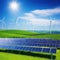 Solar energy panel photovoltaic cell and wind turbine farm power generator in nature