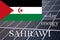 Solar energy panels with Sahrawi flag background. Sustainable resources and renewable western saharan energy concept