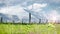 Solar farm of photovoltaic panels on a beautiful green meadow with wind turbines in the background