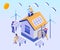 Solar Panel Been used in Houses Isometric Artwork Concept.