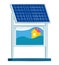Solar panel with cartoon house below, advertisement billboard, blue skies. Sustainable energy promotion, eco friendly
