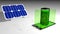 Solar panel charging a cell phone with the green screen where a green battery, leaves and green energy symbol come out on white