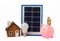Solar panel, led lamp, house model, money and piggy bank isolated on white background.