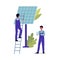 Solar panel maintenance and repair workers - cartoon men climbing ladder