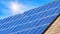 Solar panel on residential house rooftop. Many blue solar cells on building top for alternative energy. Photovoltaic eco panels on