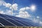 solar panel and wind turbine blue sky with sun background. concept clean power