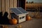 Solar panels, garden shed. Autumn season, pumpkins. AI generative, illustration generated by AI