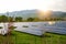 Solar panels, photovoltaics, alternative electricity source. View of a solar station at the foothills of a mountain - concept of