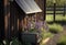 Solar panels powering wooden house or private cabin. AI generative, illustration generated by AI. Summertime, purple garden