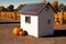 Solar panels on the roof of garden shed. Autumn season, pumpkins. AI generative, illustration generated by AI