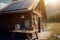 Solar panels on the roof of wooden log cabin, mountain cabin. AI generative