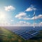 A solar panels and wind turbines in a field