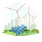 Solar panels and wind turbines, green energy, urban landscape, ecology. Ecological sustainable energy supply. Vector