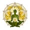 Solar Plexus chakra meditation in yoga lotus pose, in front of Manipura chakra symbol.