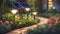 Solar-poSolar-powered outdoor lighting illuminating a garden pathway, lush