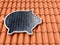 Solar power panel. 3D illustration of a solar panel in the shape of a piggy bank on a portuguese tile roof.