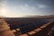 Solar power plant with rows of large solar panels reflecting sunlight in a desert landscape\\\