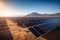 Solar power plant with rows of large solar panels reflecting sunlight in a desert landscape\\\