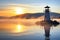 solar-powered lighthouse on misty lakeside morning